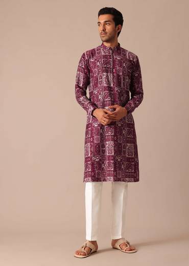 Red Silk Printed Kurta And Pant Set