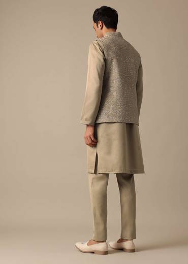 Green Silk Jacket And Kurta Set