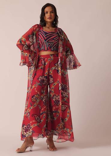 Red Cotton Jacket And Palazzo Set With Printed Detail