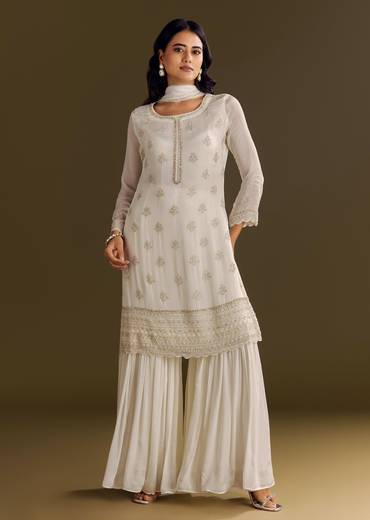White Chinon Cutdana Kurta Sharara With Moti Work Dupatta