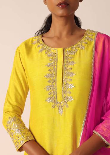 Yellow Embroidered Kurta Set With Organza Dupatta And Gota Patti Work