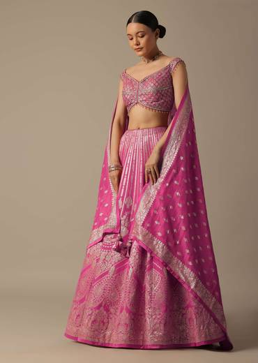 Pink Banarasi Silk Lehenga Set With Gota Patti