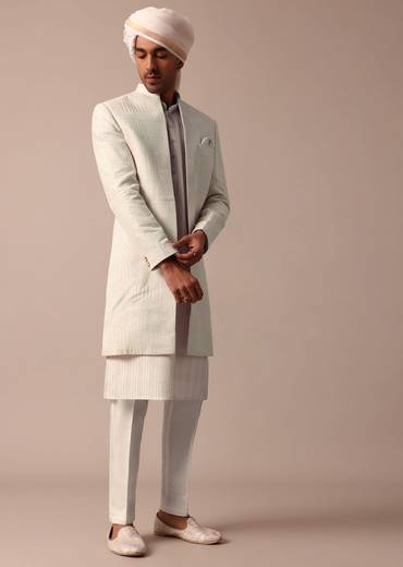 Blush Peach Silk Sherwani Set With Intricate Embroidery