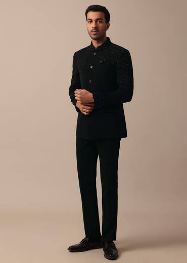 Sophisticated Black Textured Fabric Jodhpuri Suit
