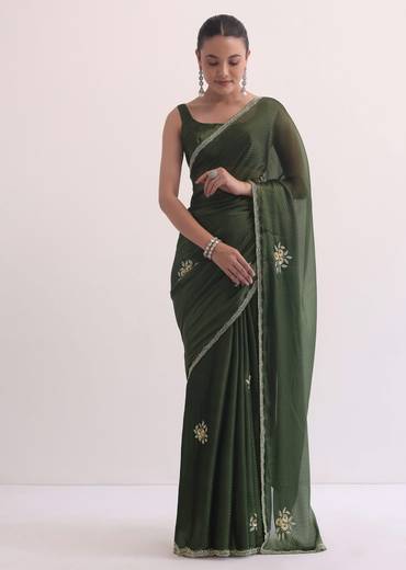 Mehendi Green Jacquard Saree In Cutdana Embroidery With Unstitched Blouse