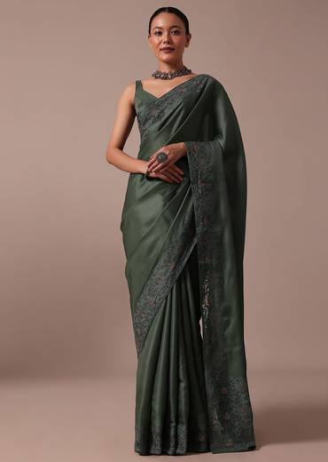 Moss Green Tussar Saree With Unstitched Blouse