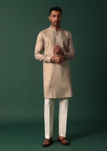 Refined Brown Linen Kurta With Intricate Yoke Work