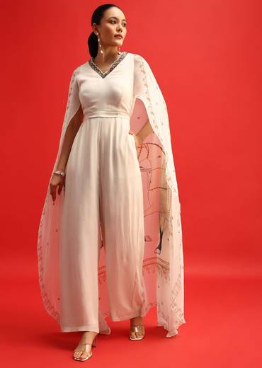 White Embroidered Georgette Jumpsuit