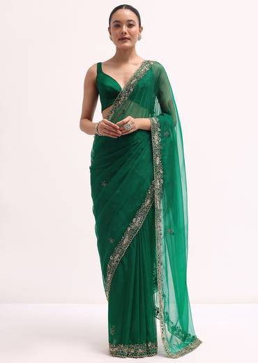 Green Scallop Border Organza Saree With Unstitched Blouse