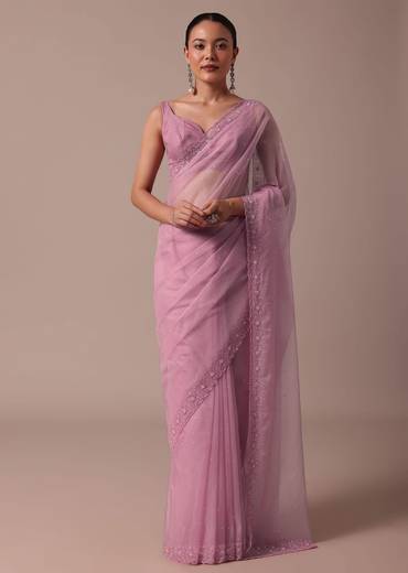 Pink Embroidered Organza Saree With Unstitched Blouse
