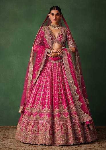 Rani Pink Hand Embroidered Lehenga With Blouse And Dupatta