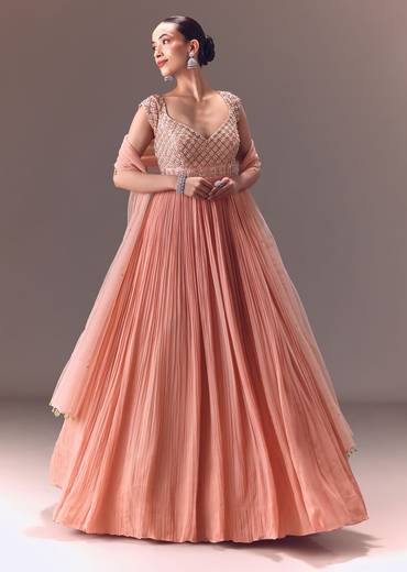 Blush Pink Ruched Anarkali Gown With Dupatta