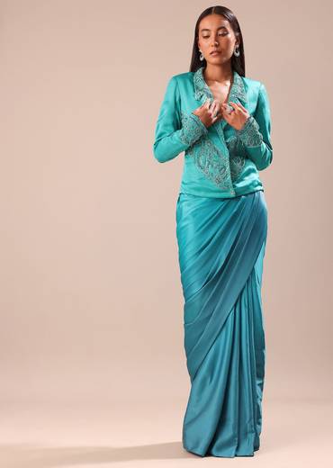 Blue Ombre Draped Skirt WIth Embroidered Jacket