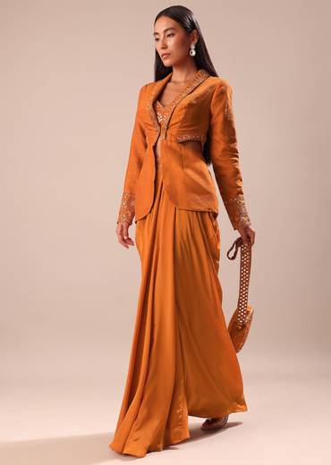 Rust Organza Jacket With Bustier And Draped Skirt