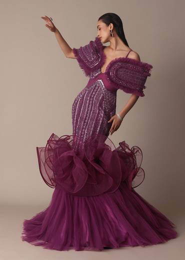 Deep Purple Organza Fish Cut Gown With 3D Ruffles