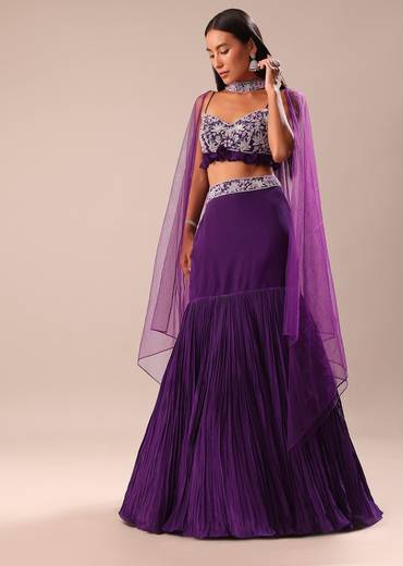 Purple Fishcut Skirt With Embroidered Blouse And Dupatta