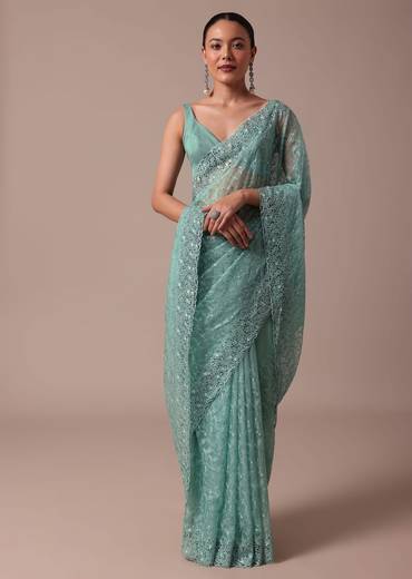 Bottle Green Organza Saree With Unstitched Blouse