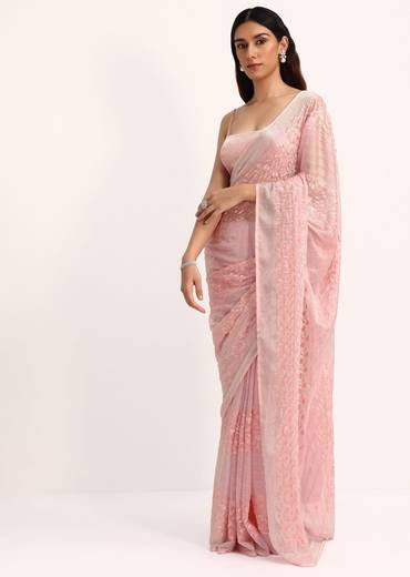 Baby Pink Satin Saree With Thread And Stone Embroidery And Unstitched Blouse