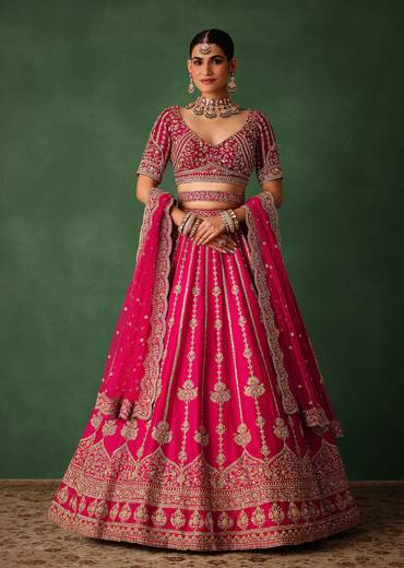Cherry Red Hand Embroidered Raw Silk Lehenga Set With Dupatta