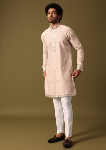 Beige Kurta Pant Set With Abla Work For Men