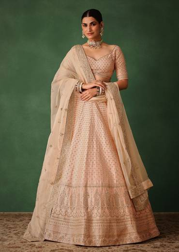 Peach Raw Silk Lehenga Set With Hand Embroidery