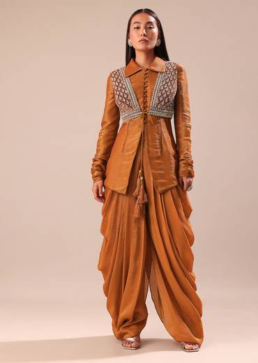 Copper Brown Kurta With Embroidered Jacket And Dhoti
