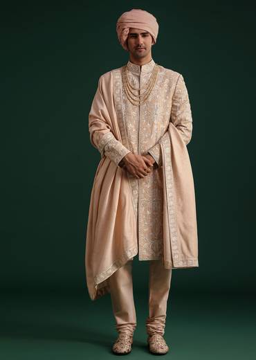 Pink Silk Blend Cotton Silk Sherwani Dupatta Set With Beaded Aari Work