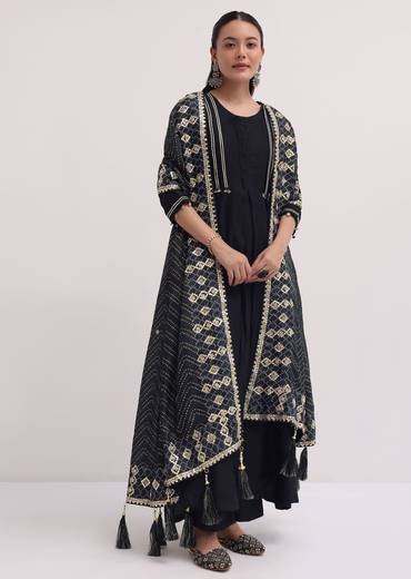 Black Embroidered Chanderi Anarkali Set