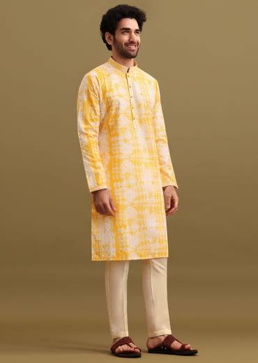 Yellow Digital Printed Silk Kurta Set For Men