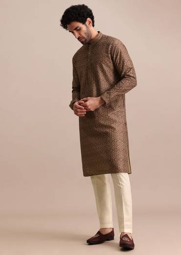 Brown Printed Silk Kurta Set For Men