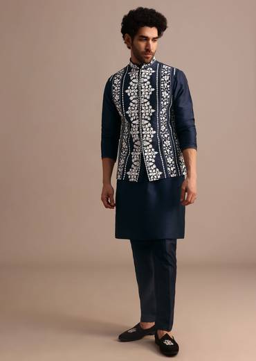 Navy Blue Kurta Jacket Set With Thread And Mirror Work