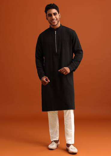 Black Kurta Set With Zipper Closure