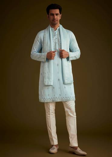 Sky Blue Silk Blend Kurta Set With Mirror Work
