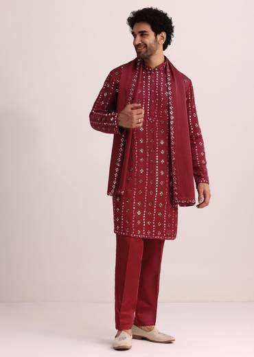 Maroon Silk Blend Mirror Work Kurta Set With Dupatta