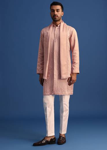 Pink Thread Handowork Kurta Set With Dupatta