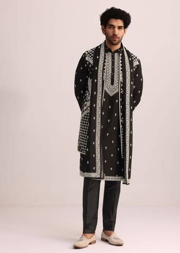 Black Embroidered Jacket and Kurta Set With Dupatta
