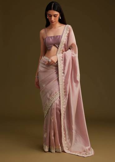 Pink Tissue Saree With Mirror And Sequins Embroidery