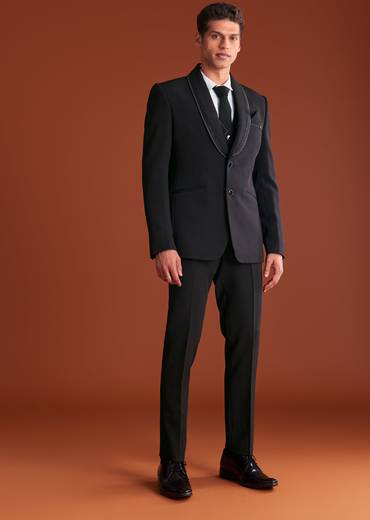 Black Cutdana Embroidereid Tuxedo Set With Accessories