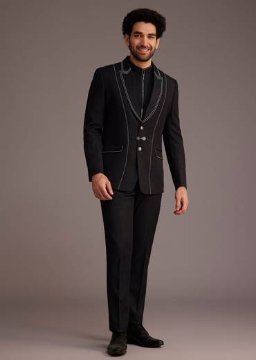 Black Suit With White Piping And Chain Detail