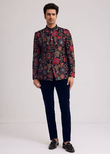 Multi Velvet Jodhpuri Set With Floral Embroidery