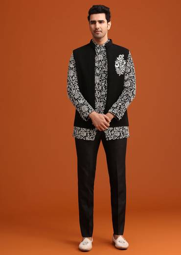 Black Silk Jacket And Kurta Set With Zari Work