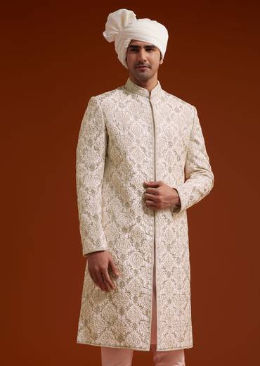 Pink Zari Pearl and Resham Embroidered Sherwani Set