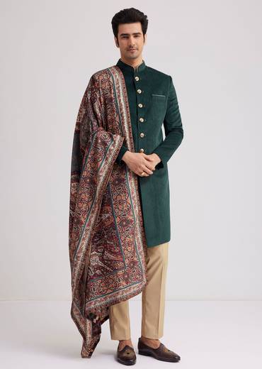 Green Velvet Nawabi Set With Printed Pashmina Dupatta