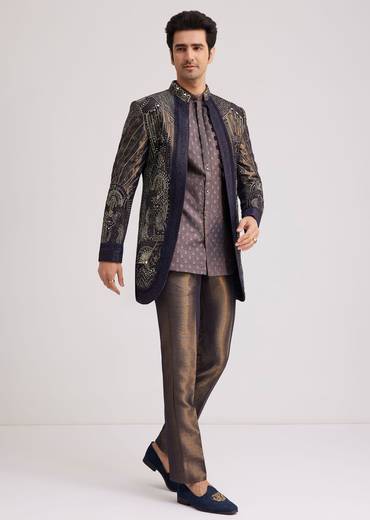 Blue Silk Open Sherwani Set With Zardosi And Mirror Work