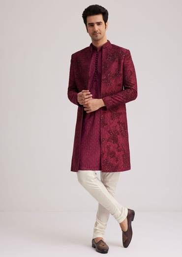 Wine Silk Open Sherwani Set With Zardosi Stone And Beads Work