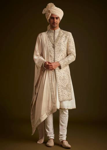 Beige Zardozi Embroidered Sherwani With Matching Dupatta