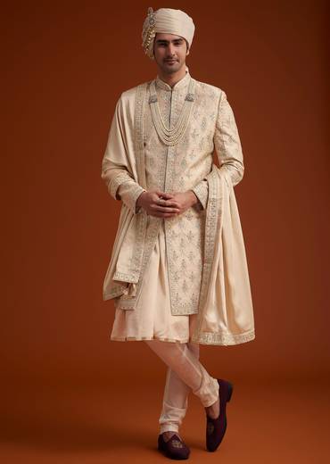 Beige Zardosi Embroidered Sherwani Set