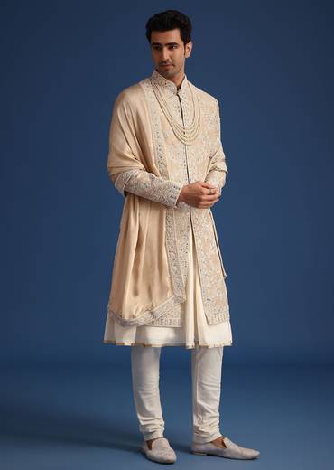 Gold Silk Mirror Work Sherwani Set With Dupatta
