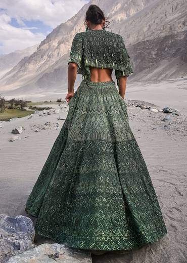 Emerald Green Heavy Crystal Cut Embroidered Lehenga With Cape