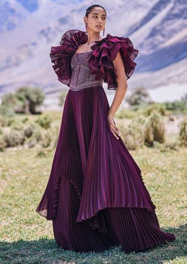 Wine Embroidered Flared Pleated Gown With Ruffle Sleeves